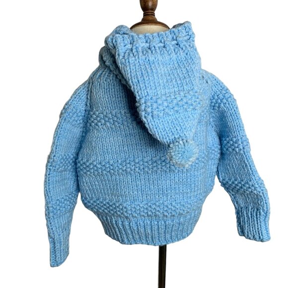 Vintage Handmade Knit Hooded Sweater 6-7 Blue Button Up Cardigan Puff Balls - Picture 6 of 7